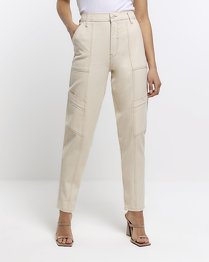 Cream high waisted tapered jeans | River Island