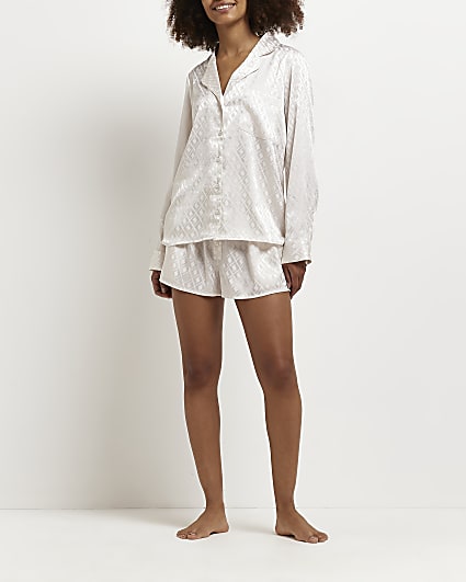 Cream jacquard print satin pyjama top