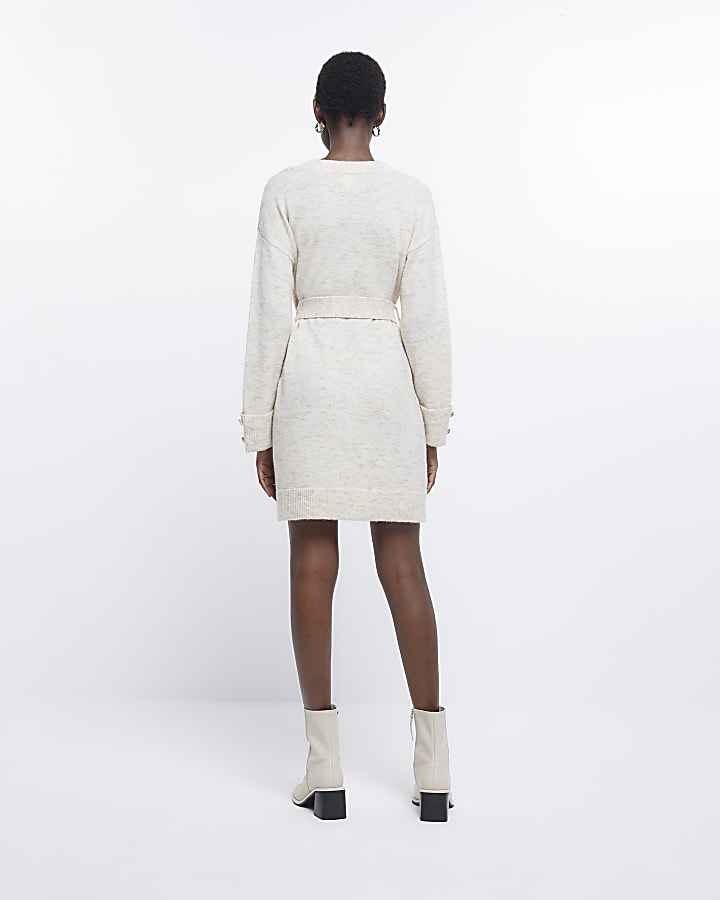 Cream knit belted jumper mini dress