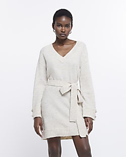 Cream knit belted jumper mini dress