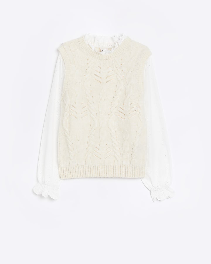Cream knit broderie shirt jumper