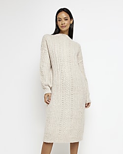 Cream knit cable jumper midi dress