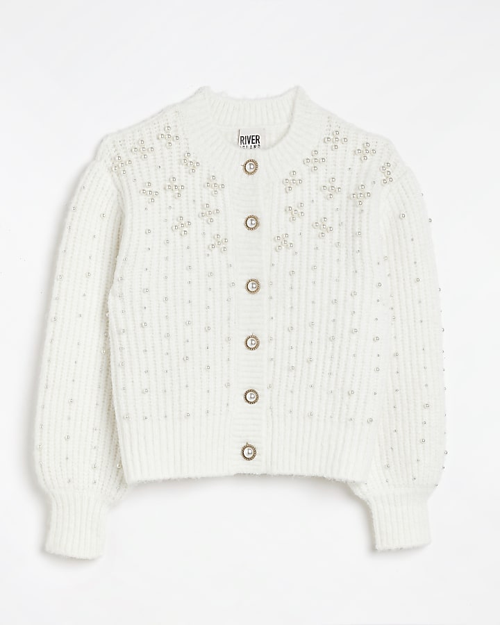 Cream knit embellished cardigan