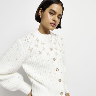 Cream knit embellished cardigan