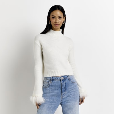 Cream knit feather trim jumper River Island