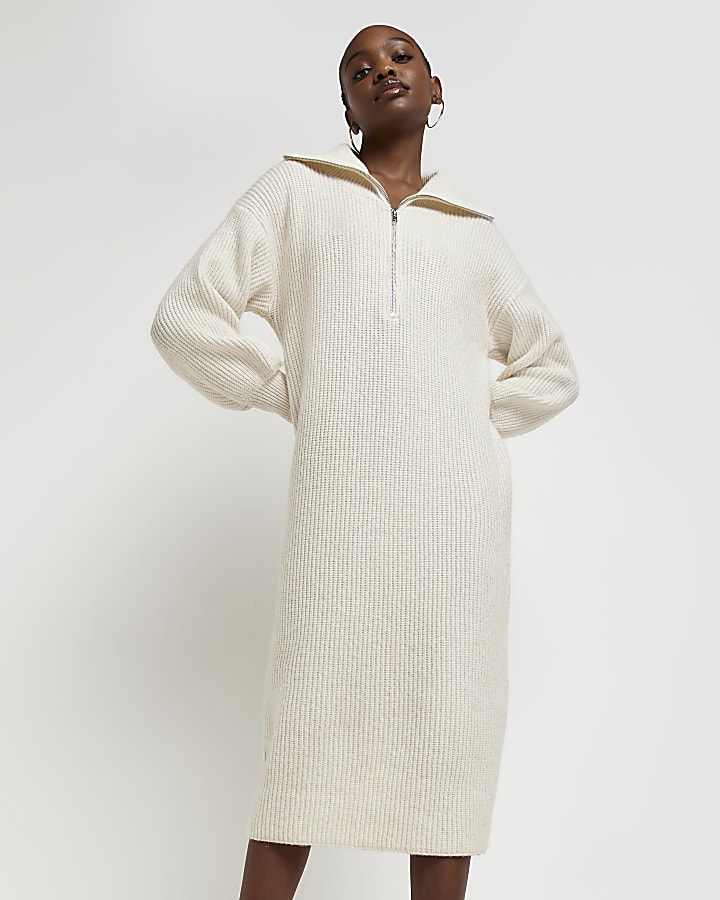 Cream knit half zip jumper midi dress