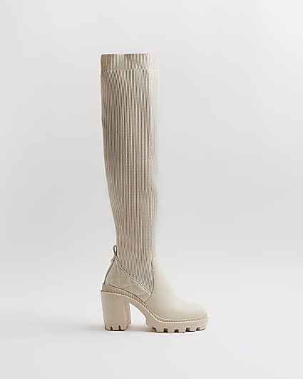 Cream knit heeled knee high boots