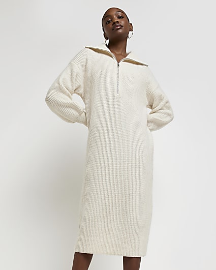 Cream knit long sleeve jumper midi dress