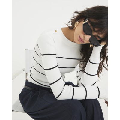 Cream Knit Striped Long sleeve Top