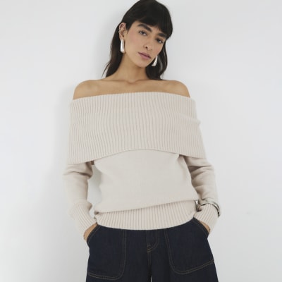 Cream Knitted Bardot Jumper