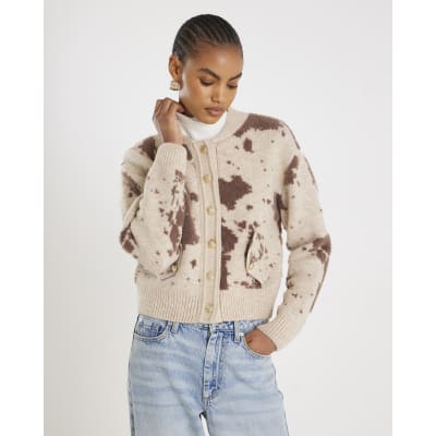 Cream Knitted Cow Print Cardigan