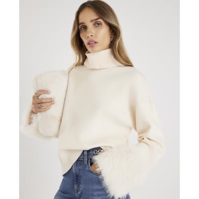 Cream Knitted Faux Fur Cuff Jumper