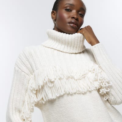 Cream knitted fringe detail jumper River Island