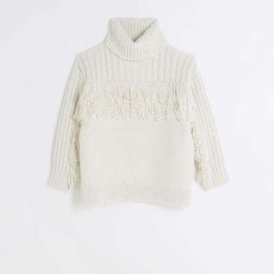 Cream knitted fringe detail jumper River Island