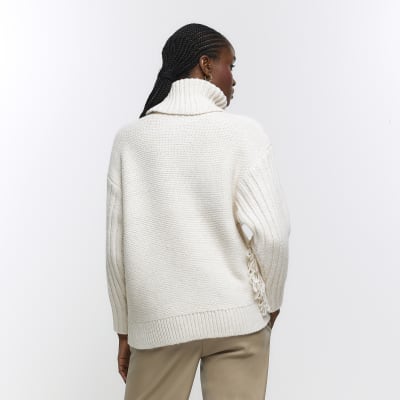 Cream knitted fringe detail jumper River Island