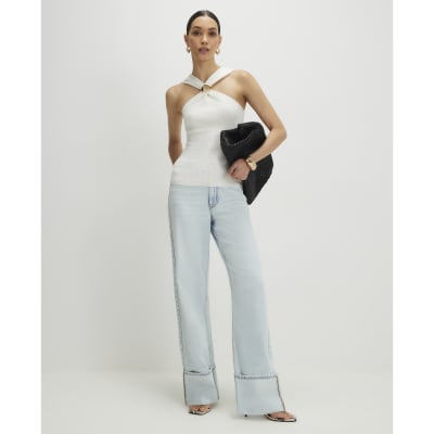 Cream Knitted Halter Neck Brooch Top