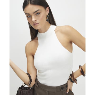 HALTER BUSTIER SET KNIT TOPS アイボリー Xanthia Knit Halter Top - Ivory | MESHKI US