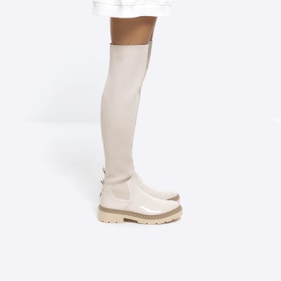 Cream knitted high leg boots River Island