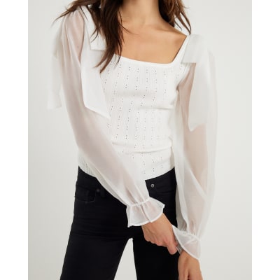 Cream Knitted Hybrid Long Sleeve Top