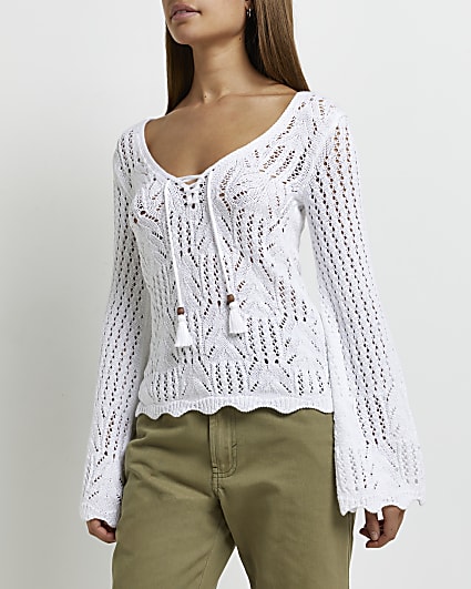 Cream knitted lace up top