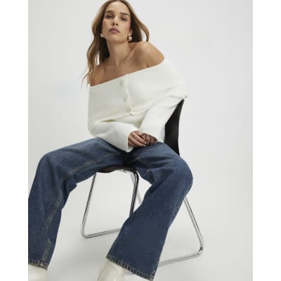 Cream Knitted Long Sleeve Bardot Jumper