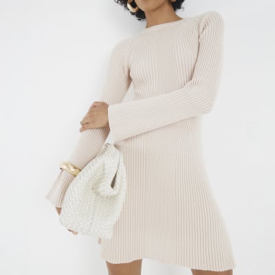 Cream Knitted Long Sleeve Mini Dress