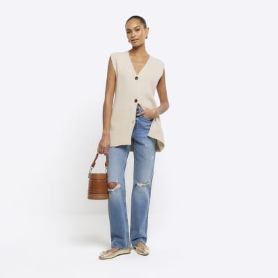 Cream knitted longline waistcoat River Island