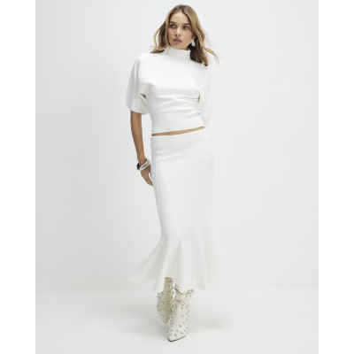 Cream Knitted Midi Skirt