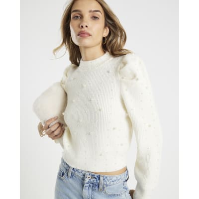 Cream Knitted Pearl Embellished Jumper