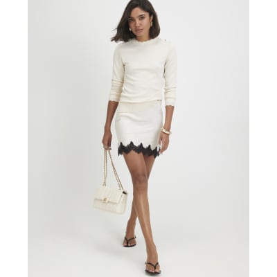 Knitted Pointelle Trim Long Sleeve Top