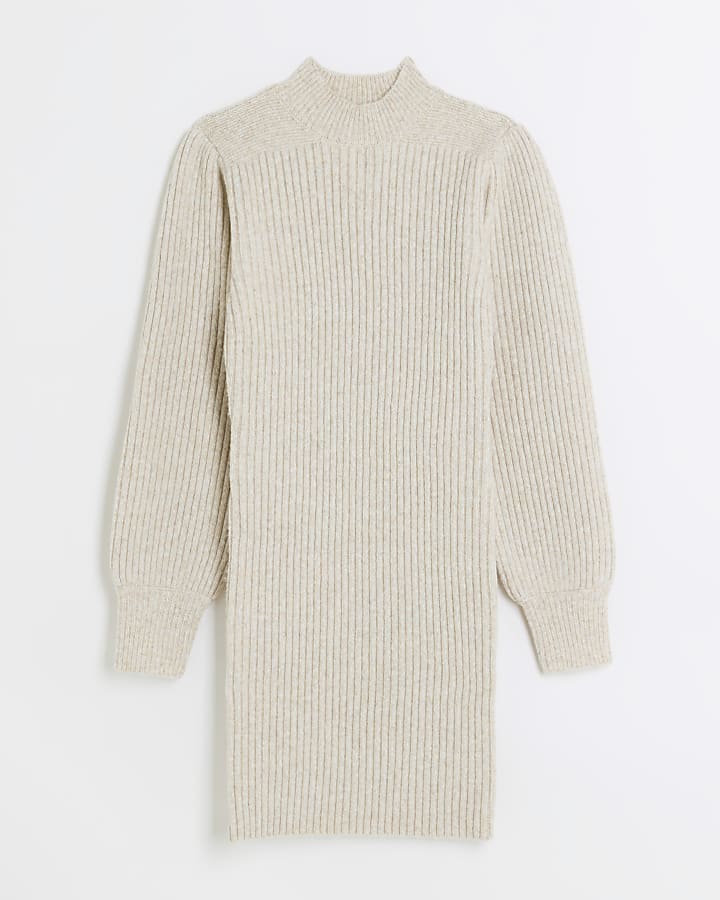 Cream knitted puff sleeve jumper mini dress | River Island