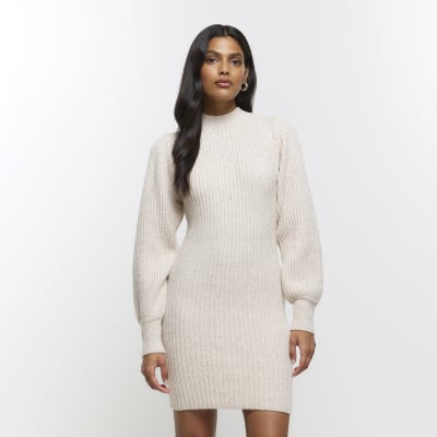 Cream knitted puff sleeve jumper mini dress | River Island