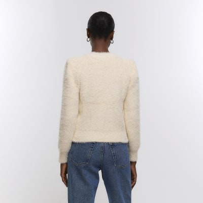 Cream knitted shoulder pad cardigan | River Island