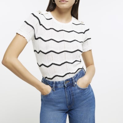 Cream knitted stripe t-shirt