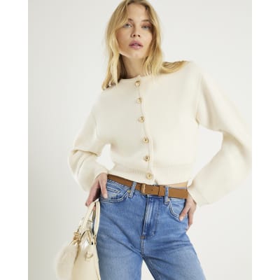 Cream Knitted Structured Sleeve Cardigan