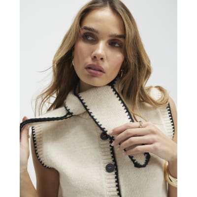 Cream Knitted Tie Neck Waistcoat
