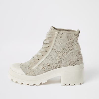 Cream lace chunky ankle boots River Island