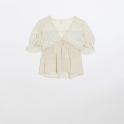 Cream lace embroidered peplum blouse River Island