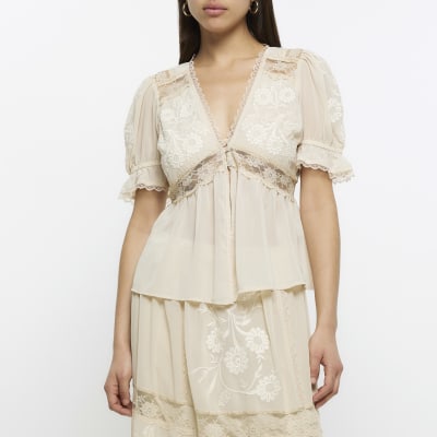 Cream lace embroidered peplum blouse River Island