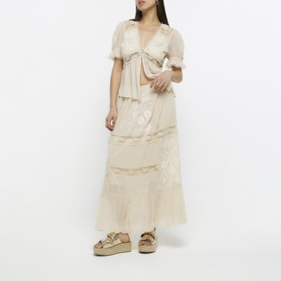 Cream lace embroidered peplum blouse River Island