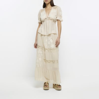 Cream lace embroidered tiered maxi skirt