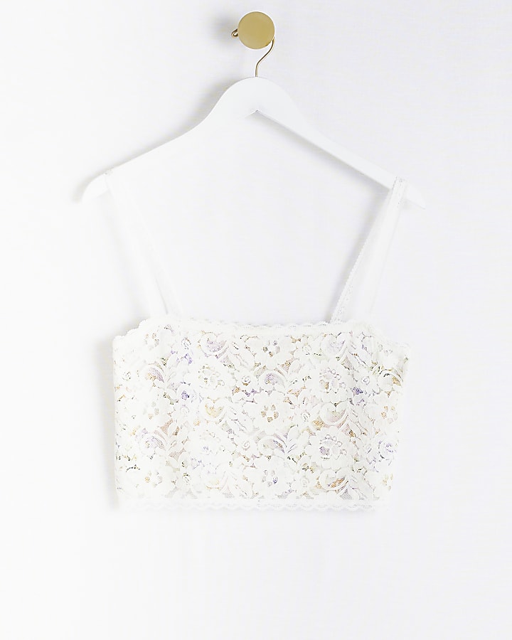 Cream lace floral print cropped cami top