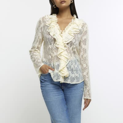 Cream lace frill detail blouse River Island