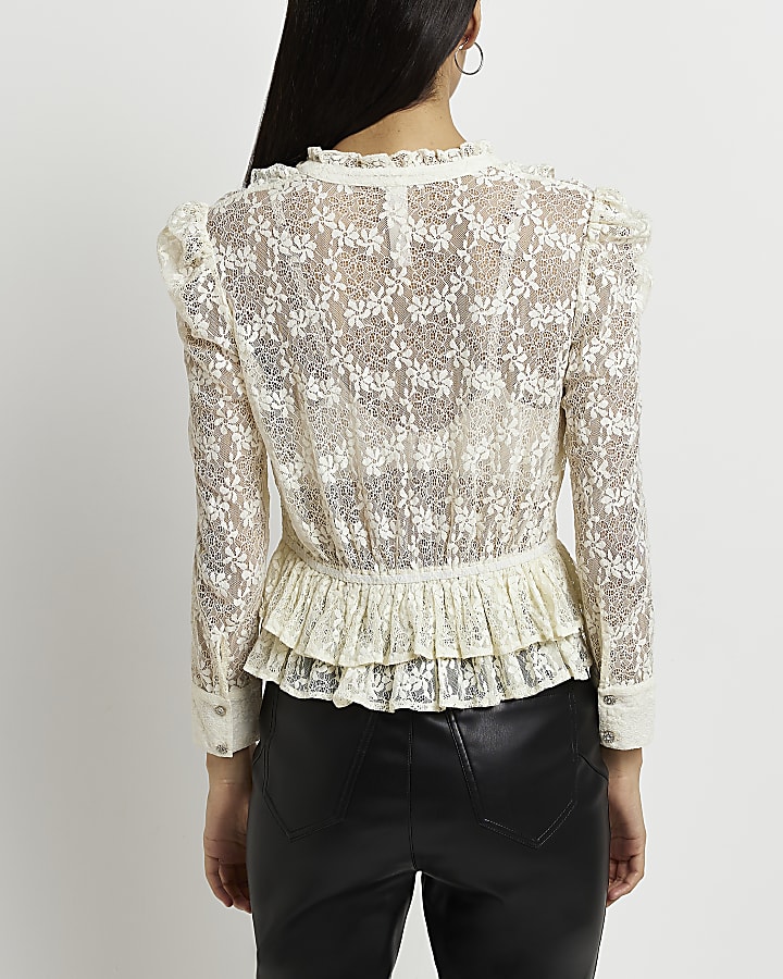 Cream lace frill long sleeve blouse