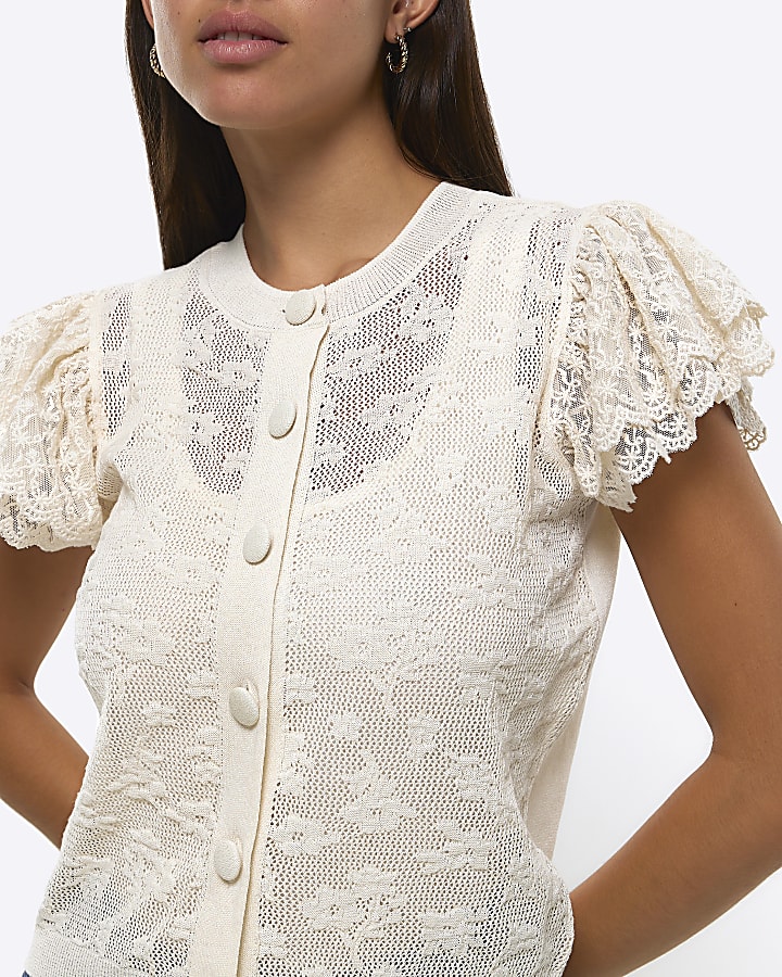 Cream lace frill sleeve blouse | River Island