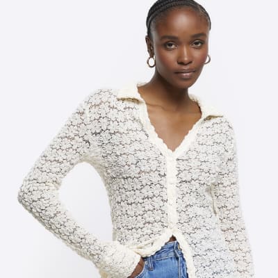 Cream lace long sleeve shirt River Island