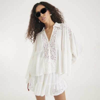 Cream Lace Mix Long Sleeve Shirt