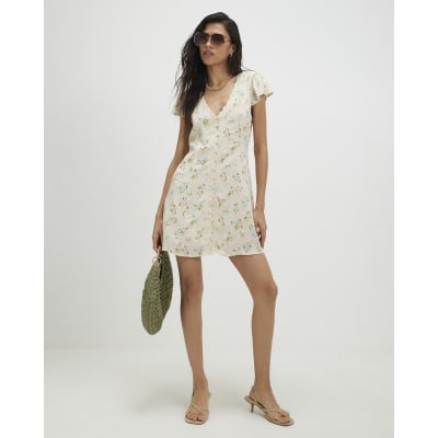 Cream Lace Trim Floral Print Mini Dress | River Island