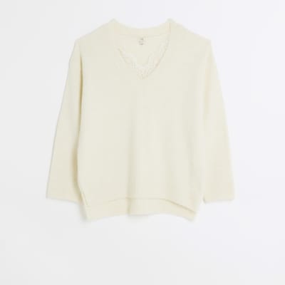 Cream lace trim jumper River Island