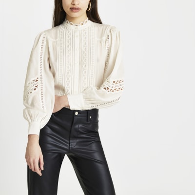 Cream lace trim long sleeve blouse top River Island